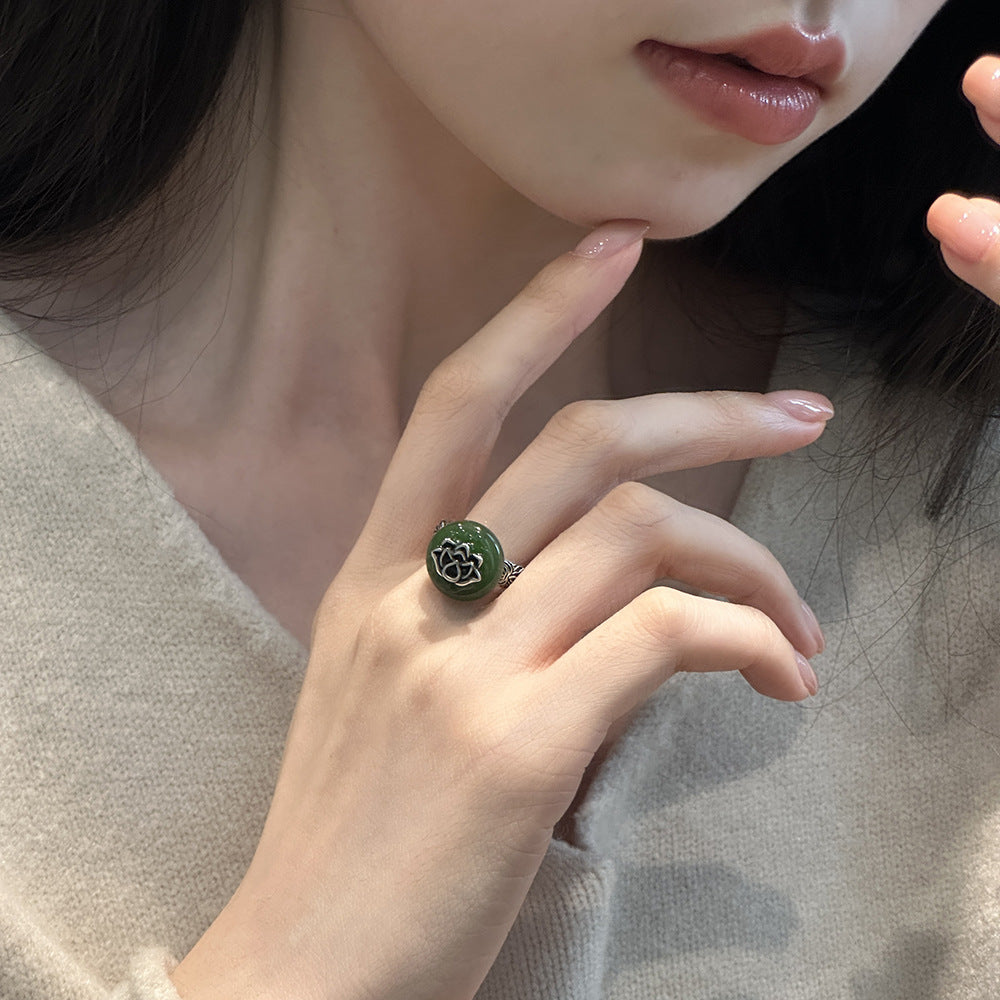 925 Silver Vintage New Chinese Lotus Hetian Jade Peace Buckle Ring Opening Adjusts Niche Versatility