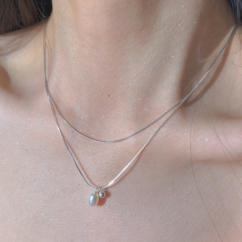 S925 sterling silver simple double stacked pearl necklace women's ins cold style fashion personality clavicle chain sense of luxury