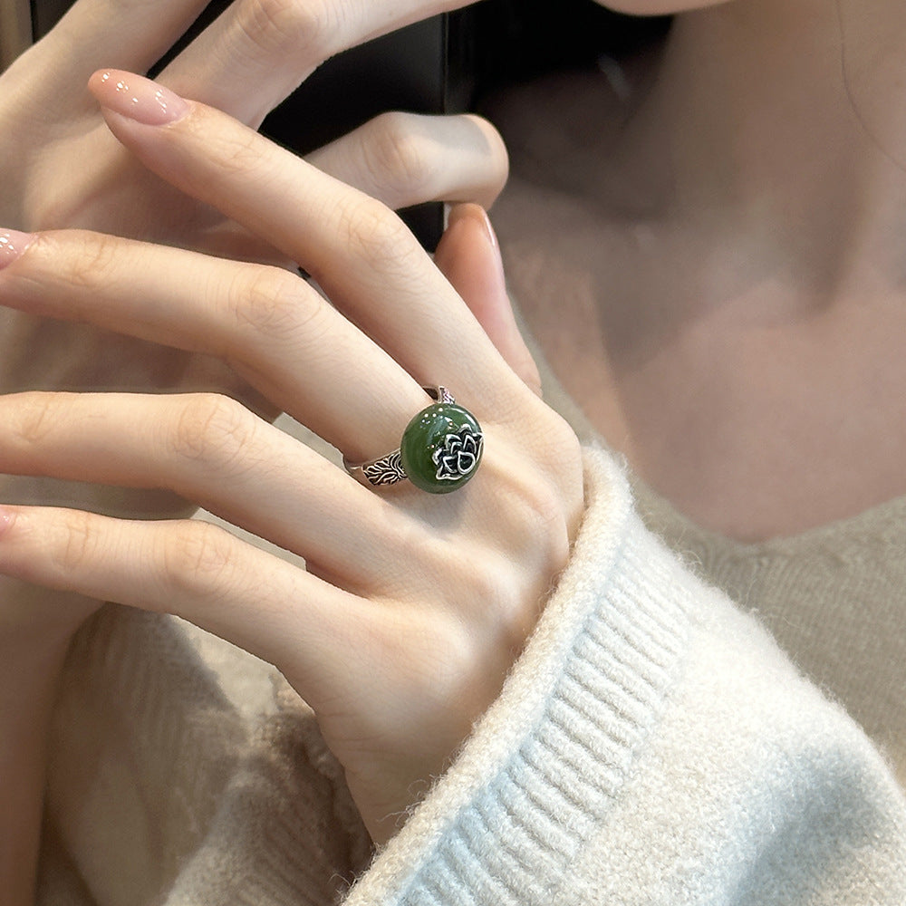 925 Silver Vintage New Chinese Lotus Hetian Jade Peace Buckle Ring Opening Adjusts Niche Versatility