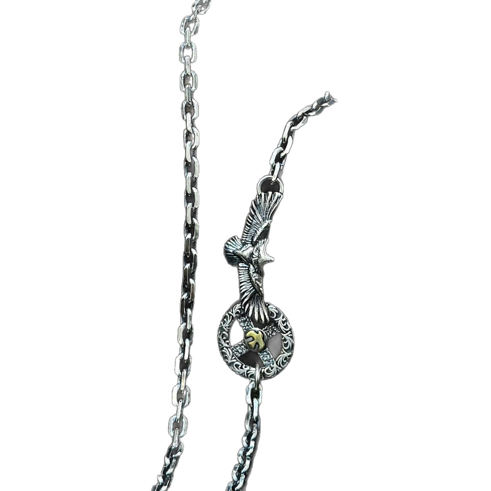 S925 sterling silver necklace, Tang grass cross wheel flying eagle and Tajiao neck, vintage trendy versatile unisex heavy-duty sweater chain