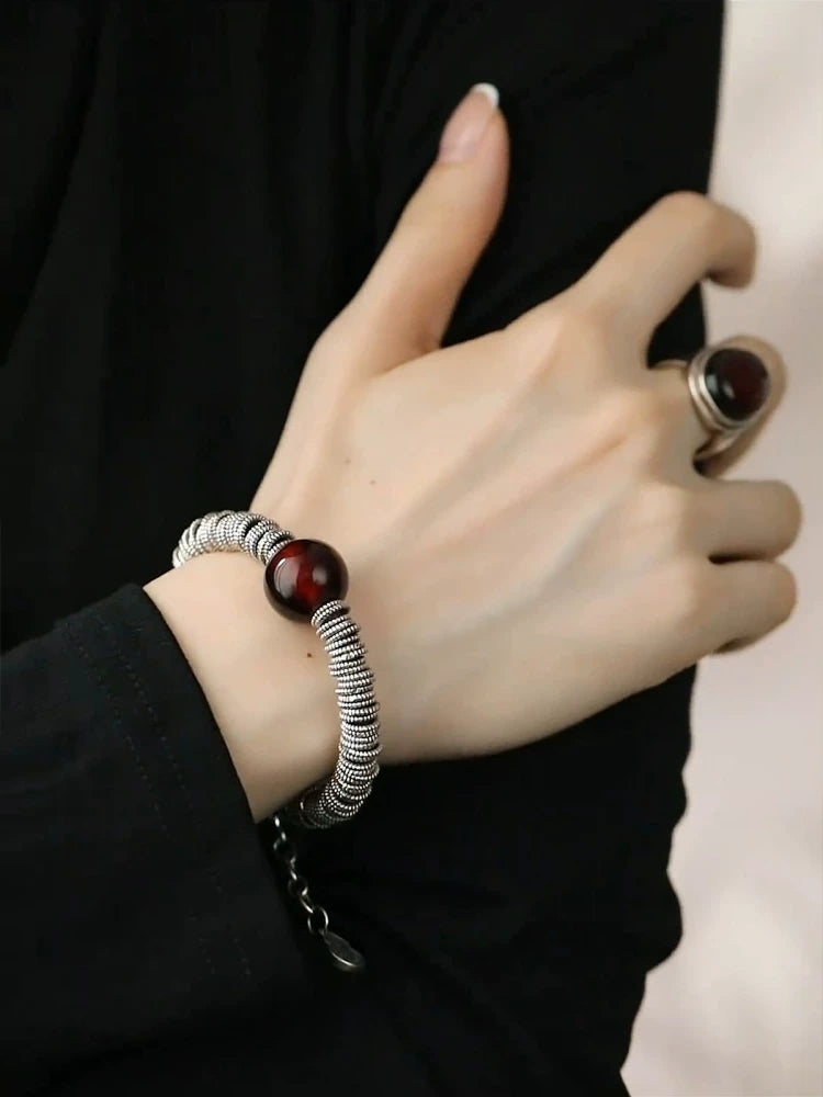 925 silver blood amber hoop bracelet women's ethnic style retro distressed six-character mantra niche design high-end sense bracelet