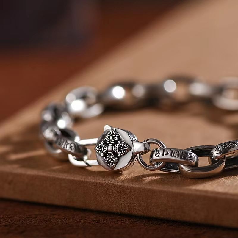 S925 sterling silver six-character mantra ethnic style bracelet men's trendy retro diamond demon pestle bracelet niche high-end sense