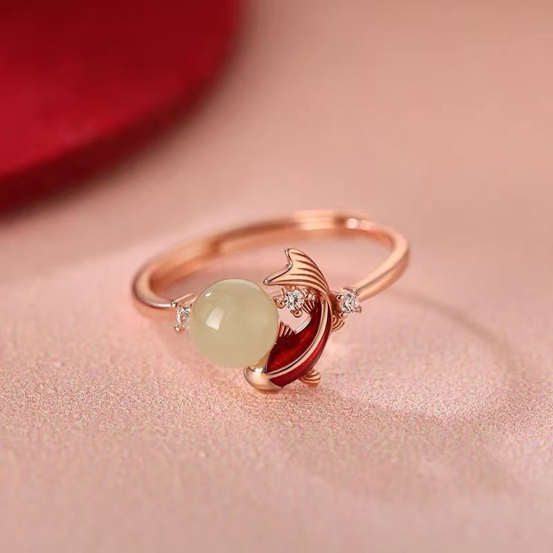 925 silver-plated jade see koi ring, New Year's natal year, plain circle, index finger ring, female New Year's opening ring
