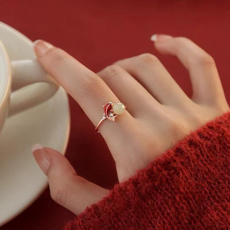 925 silver-plated jade see koi ring, New Year's natal year, plain circle, index finger ring, female New Year's opening ring