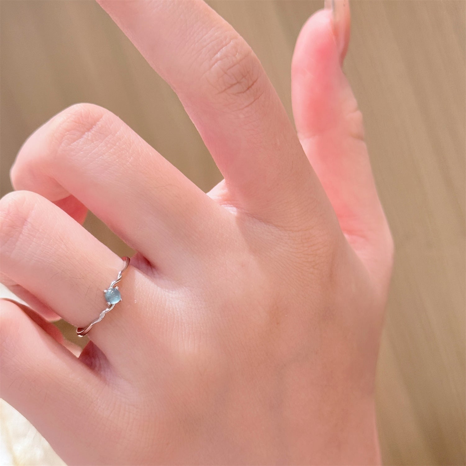 S925 sterling silver natural dangerous material blue water jade ring niche sense of luxury is simple and extremely thin opening cool wind ring