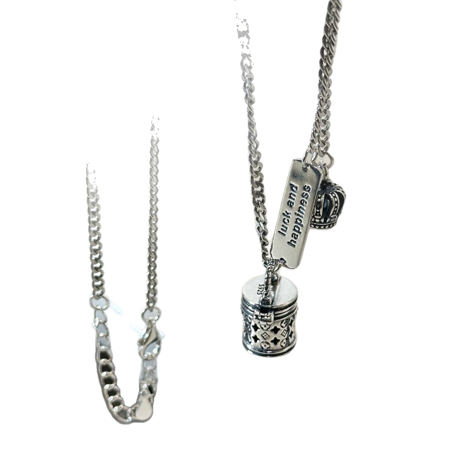 The S925 sterling silver monogram bucket bag necklace can be unlocked, with a pendant, hollow crown, niche design, and a light luxury and high-end necklace