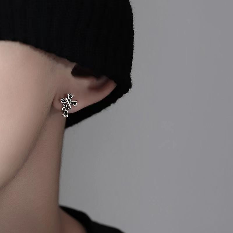 S925 Silver Stud Earrings for Men – Trendy Niche Cross Design Style