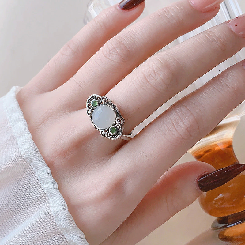 Yinyun S925 silver-inlaid natural Hetian jade, jade, southern red agate, ruyi round new Chinese-style ring