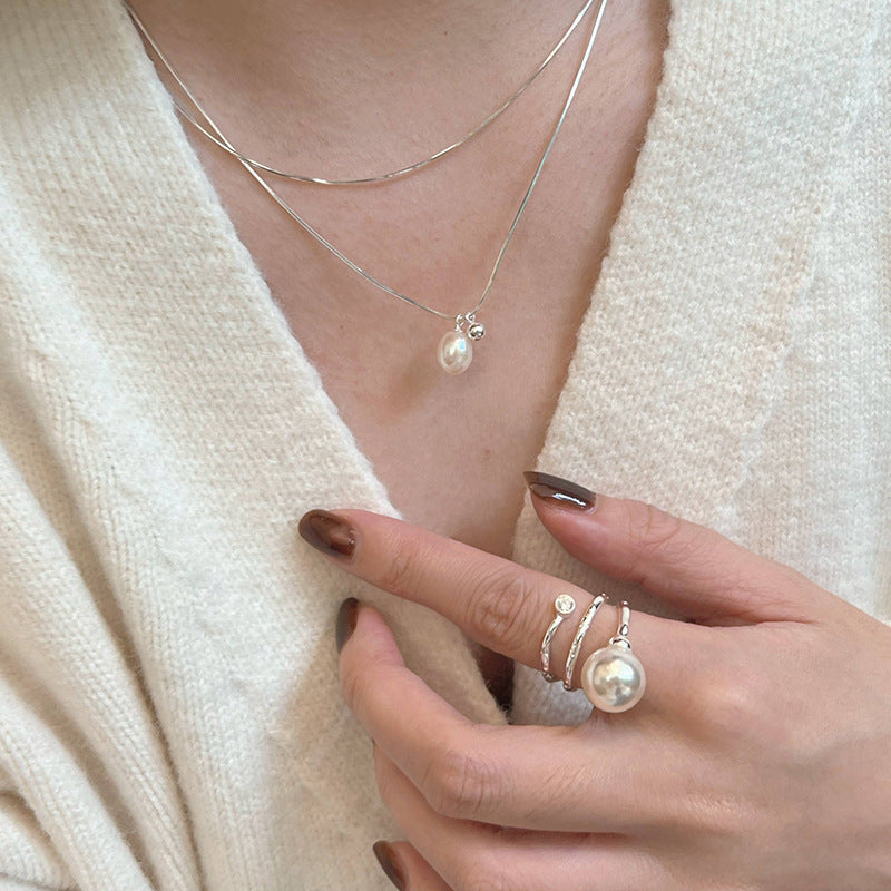S925 sterling silver simple double stacked pearl necklace women's ins cold style fashion personality clavicle chain sense of luxury