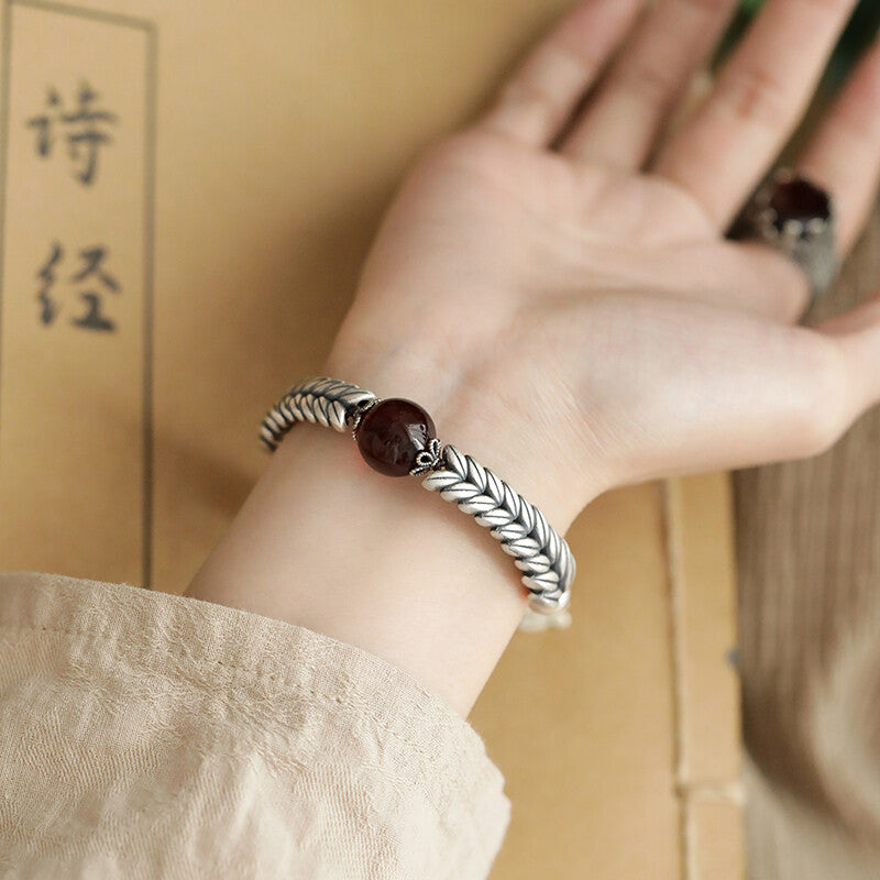 925 Silver Vintage New Chinese Wheat Ear Lucky Bag Blood Amber Bracelet Wealth Attracting Blessings Ethnic Style Bracelet Ring, Niche Women