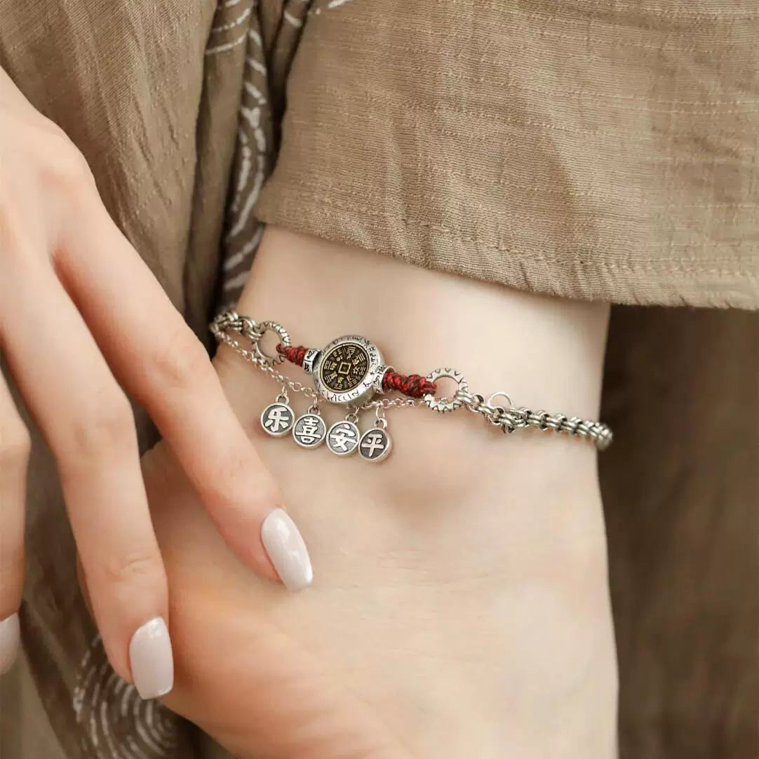 925 silver retro new Chinese mountain ghost brand peace joy anklet, ethnic style niche design, women's versatile sense of luxury