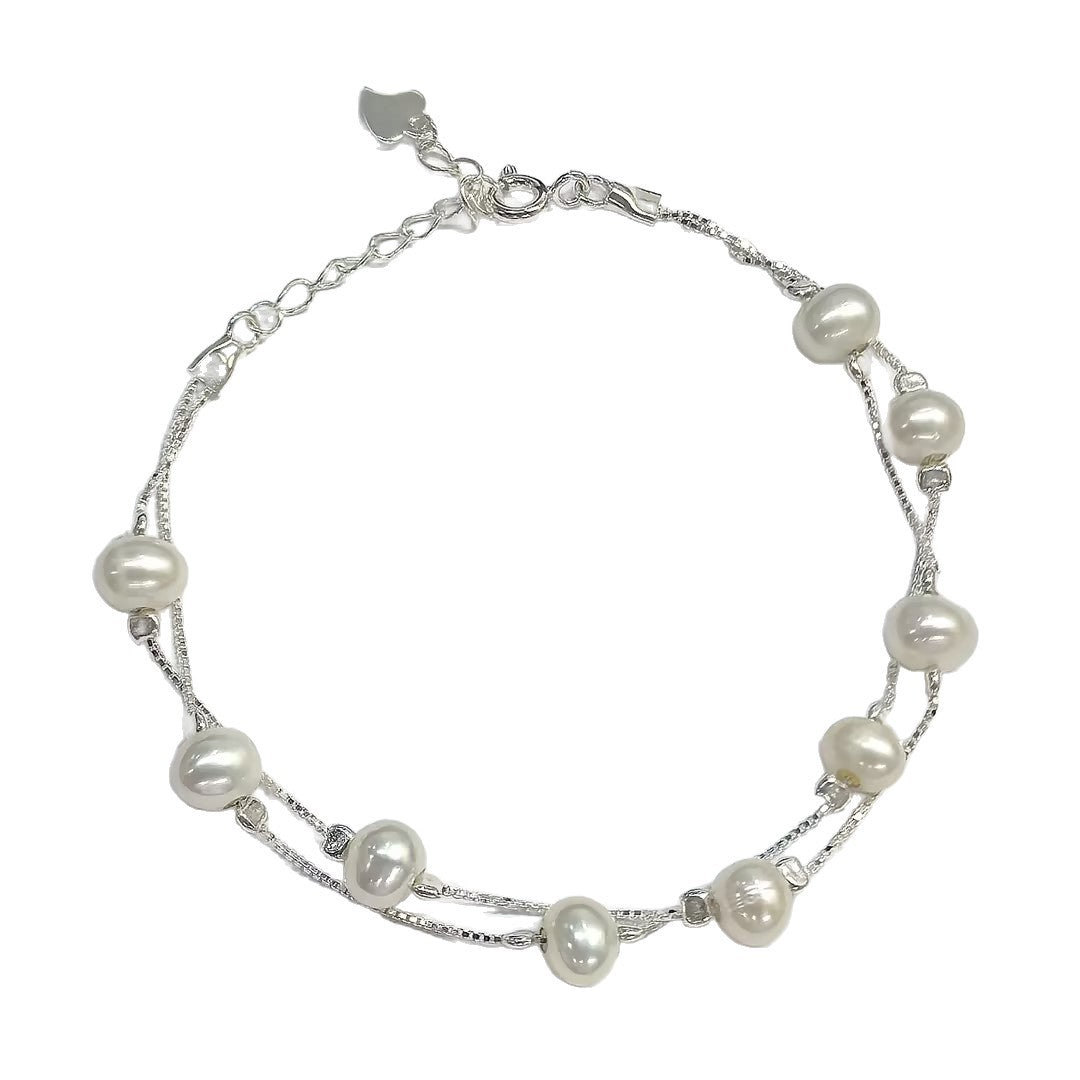 925 pure silver natural pearl double-layer bracelet for women, Korean versatile INS premium stackable bracelet round bead bracelet