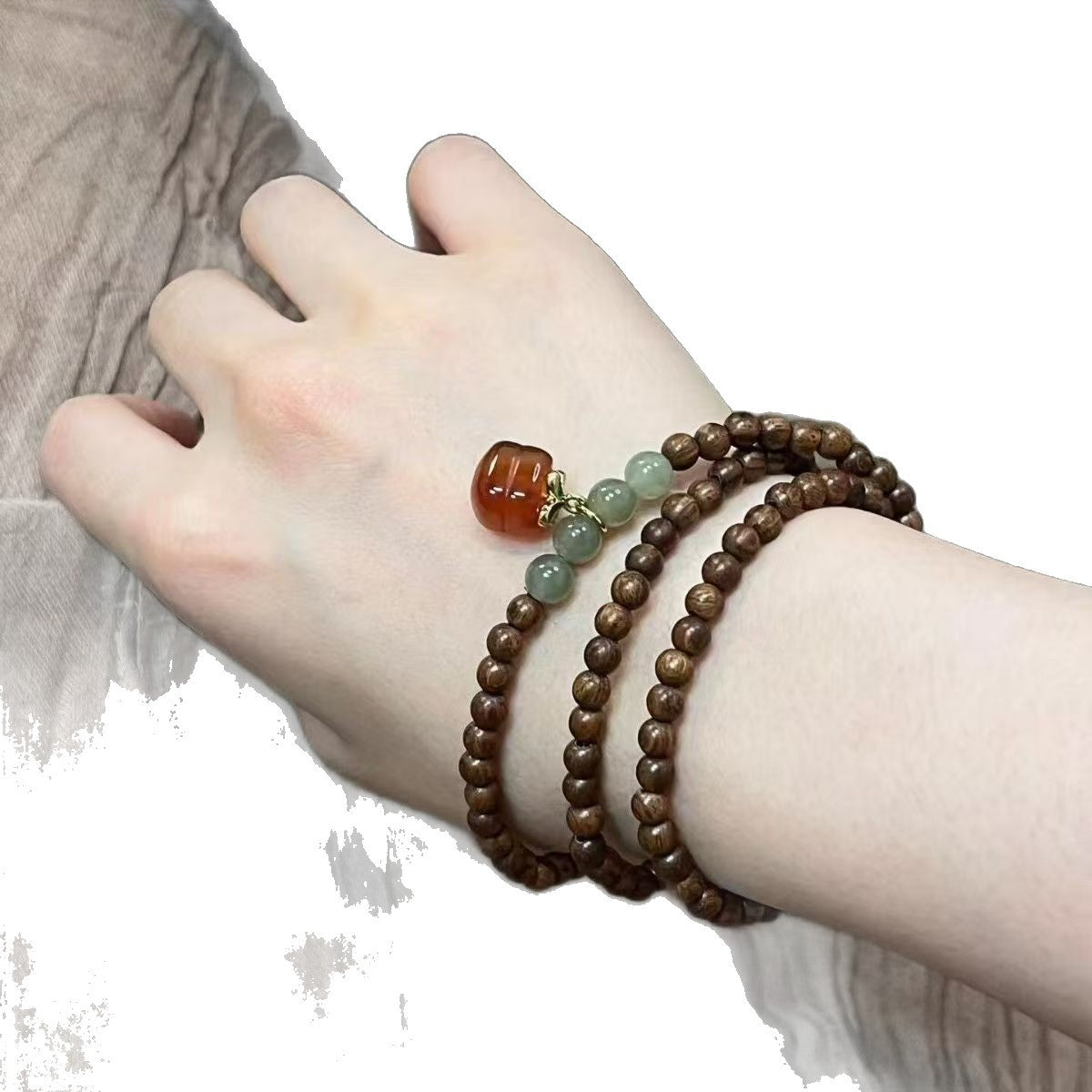 [Persimmon Ruyi] Golden Thread Sandalwood Hetian Jade Three-Ring Bracelet Artistic Vintage Crimson Agate Persimmon New Chinese Style