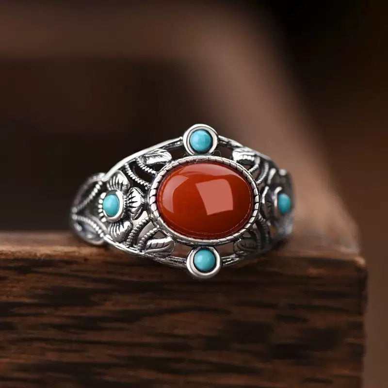 S925 Silver Turquoise & Red Agate Ring – Vintage Ethnic Open Design