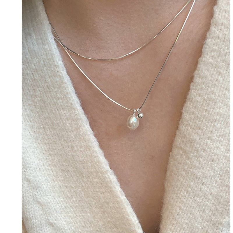S925 sterling silver simple double stacked pearl necklace women's ins cold style fashion personality clavicle chain sense of luxury