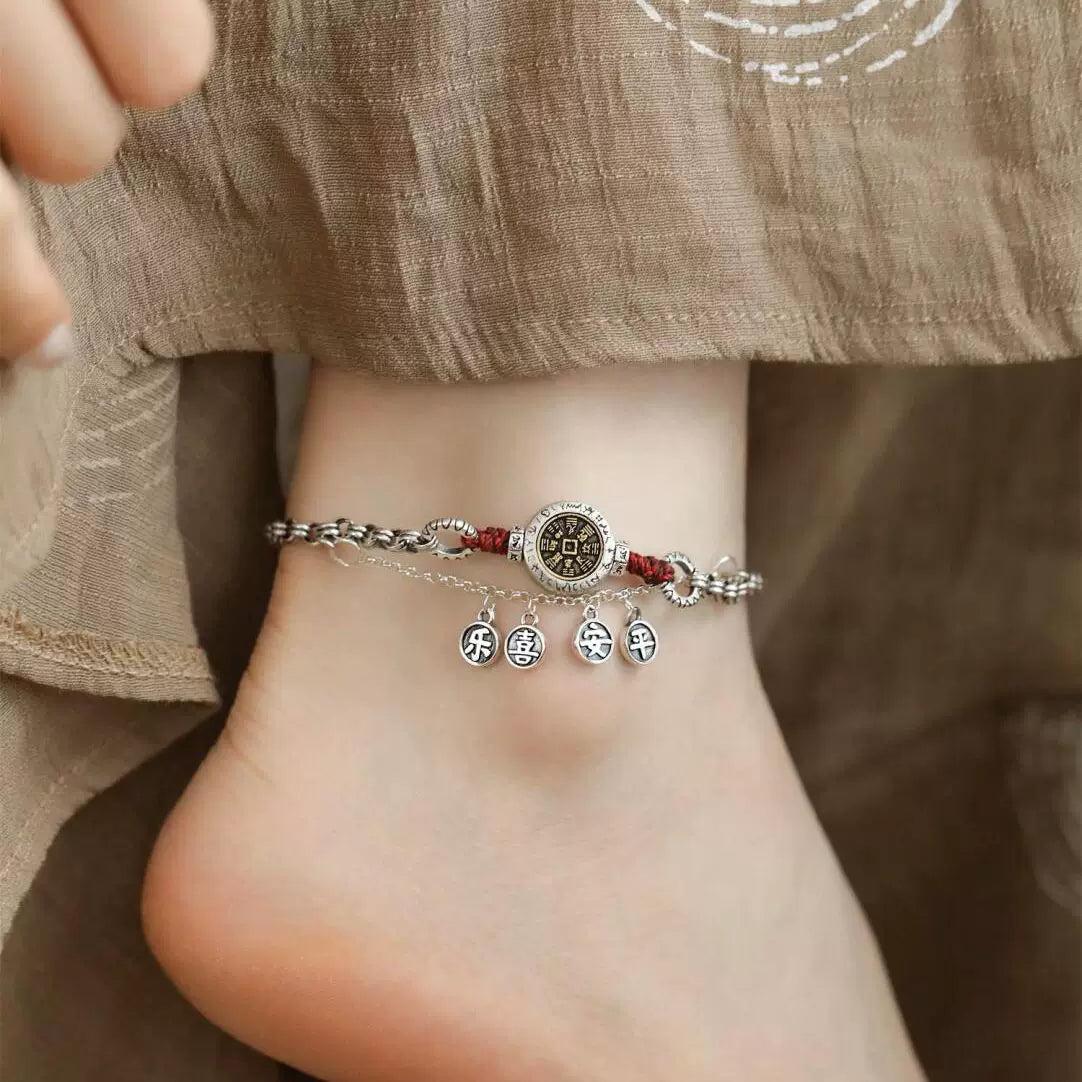 925 silver retro new Chinese mountain ghost brand peace joy anklet, ethnic style niche design, women's versatile sense of luxury