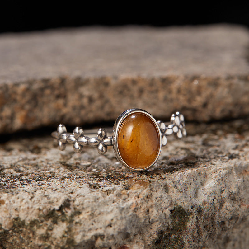 S925 pure silver natural lapis gold tiger's eye jade colored treasure Thai silver ring for women, trendy design Xiaohongshu Douyin bestseller