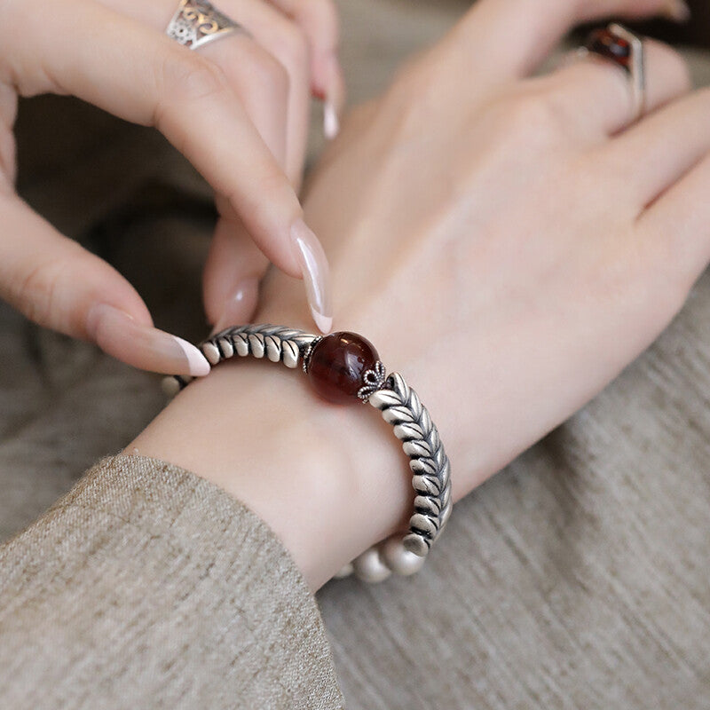 925 Silver Vintage New Chinese Wheat Ear Lucky Bag Blood Amber Bracelet Wealth Attracting Blessings Ethnic Style Bracelet Ring, Niche Women