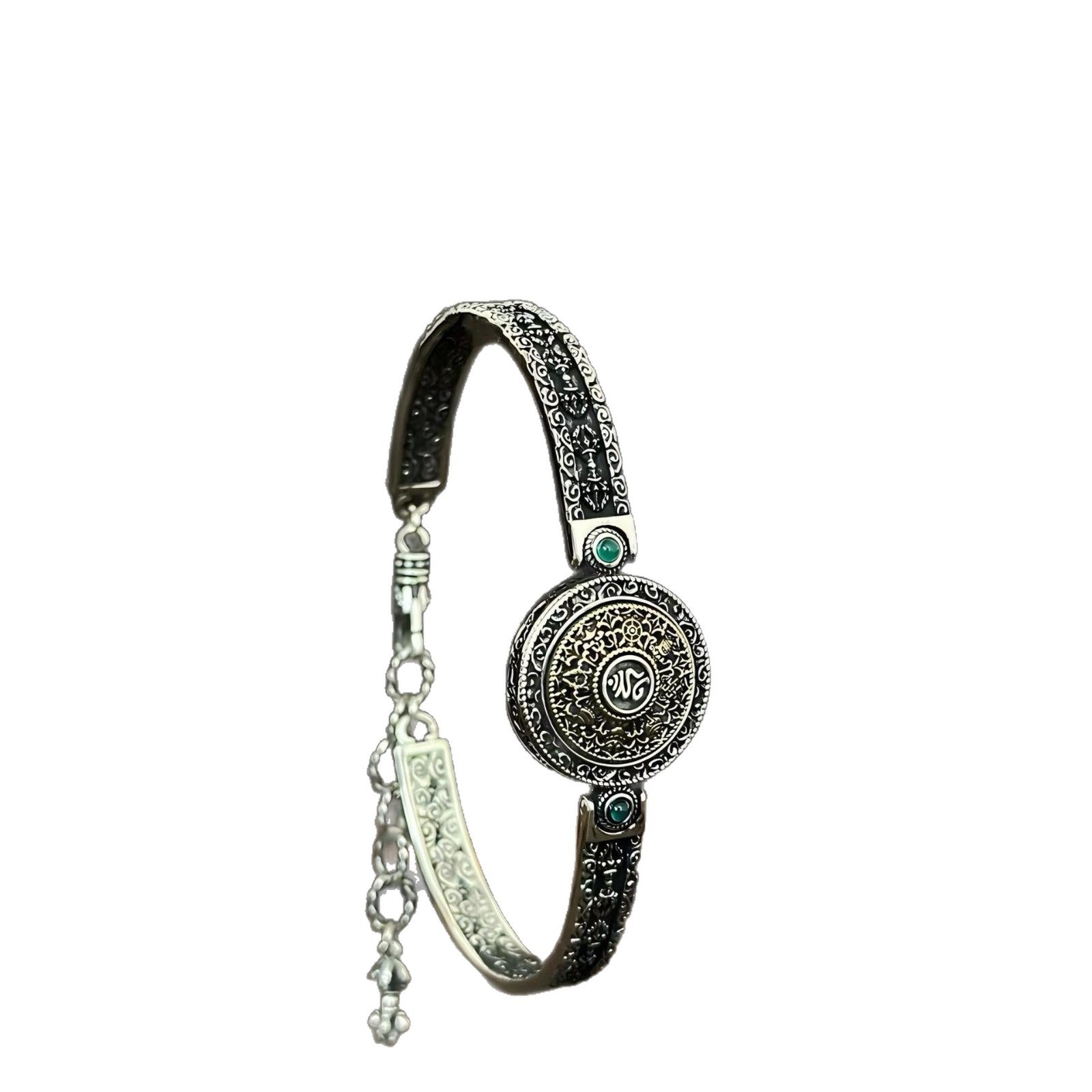 S925 Pure Silver Vintage Chinese Style Green Tara Seed Character Bracelet Heavy Industry Eight-Treasure Compass Versatile High-End Niche Look