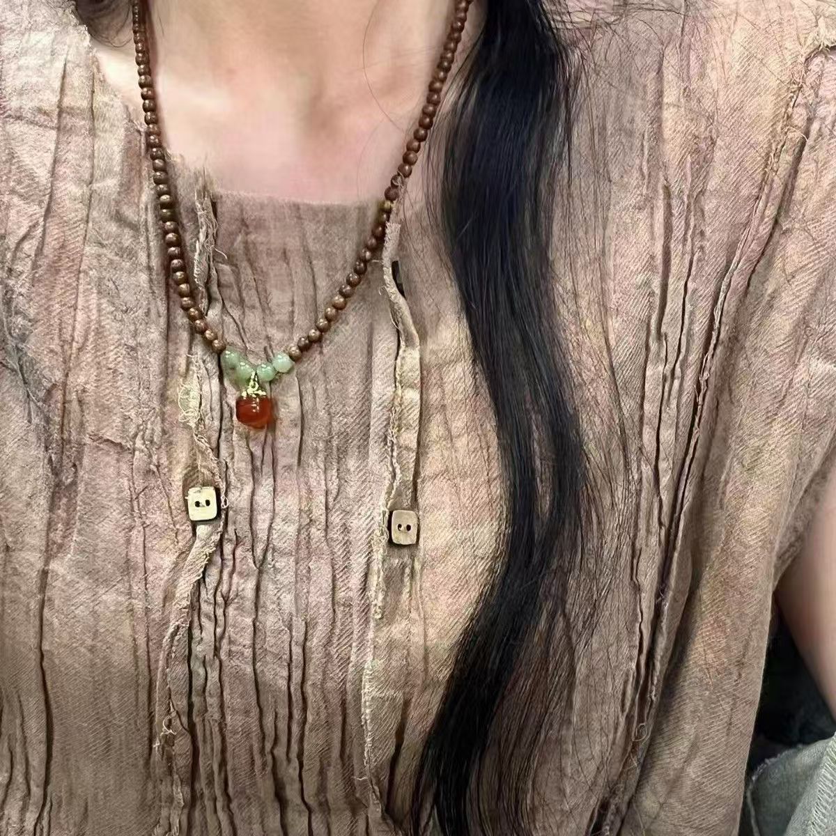 [Persimmon Ruyi] Golden Thread Sandalwood Hetian Jade Three-Ring Bracelet Artistic Vintage Crimson Agate Persimmon New Chinese Style