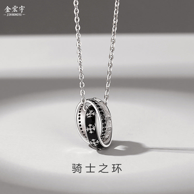 Retro Knight Pendant Necklace – S925 Silver Double Ring Alphabet Style