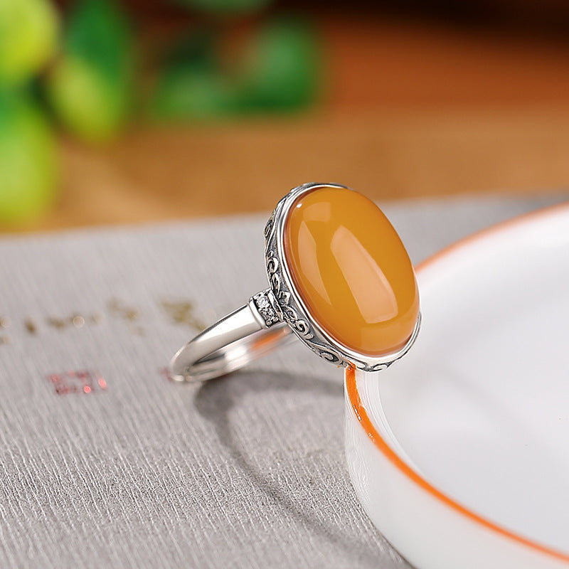 Yilu silver S925 sterling silver beeswax pattern cabochon ring retro distressed ethnic style accessories personality niche ring
