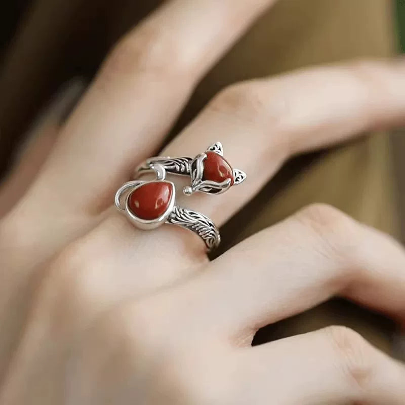 925 Silver Vintage New Chinese Style Southern Red Fox Ring Opening Adjustable Distressed Versatile Ethnic Style for Women's Minimalist