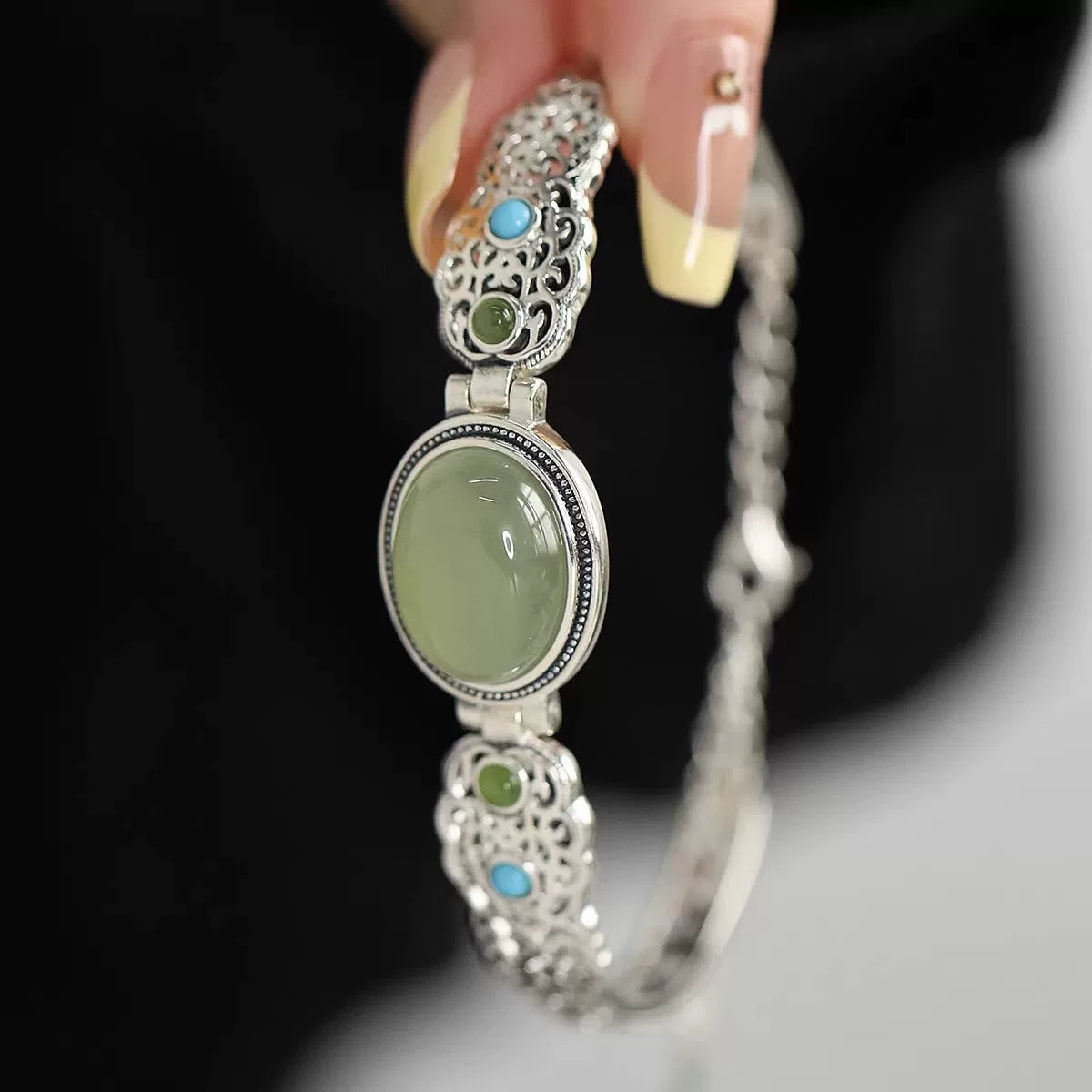 925 Silver Hetian Jade Oval Bracelet – Vintage Chinese Turquoise Design