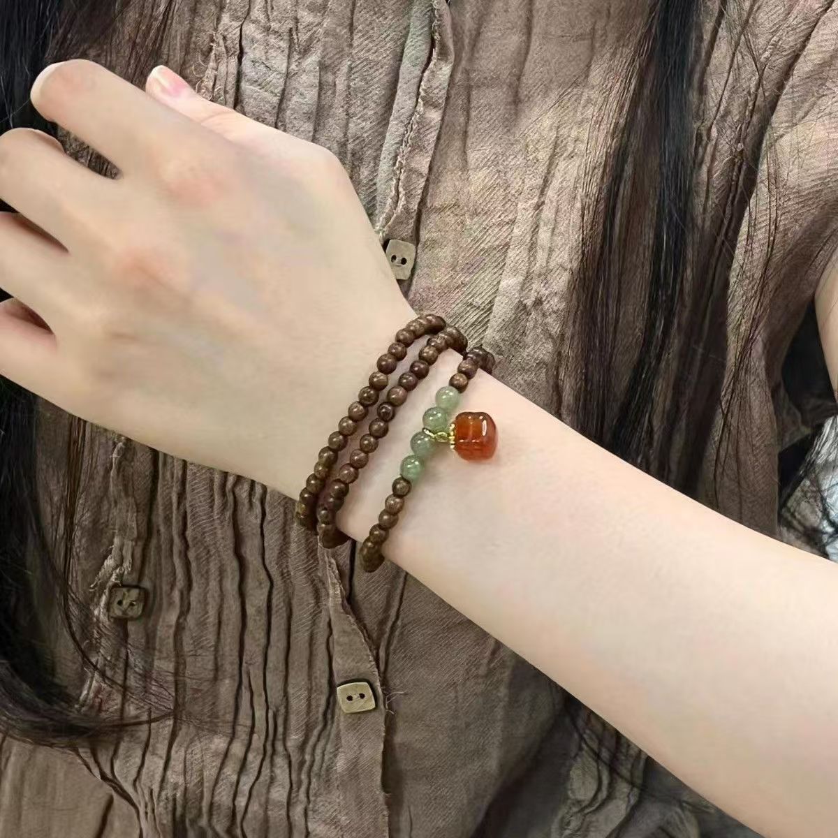 [Persimmon Ruyi] Golden Thread Sandalwood Hetian Jade Three-Ring Bracelet Artistic Vintage Crimson Agate Persimmon New Chinese Style