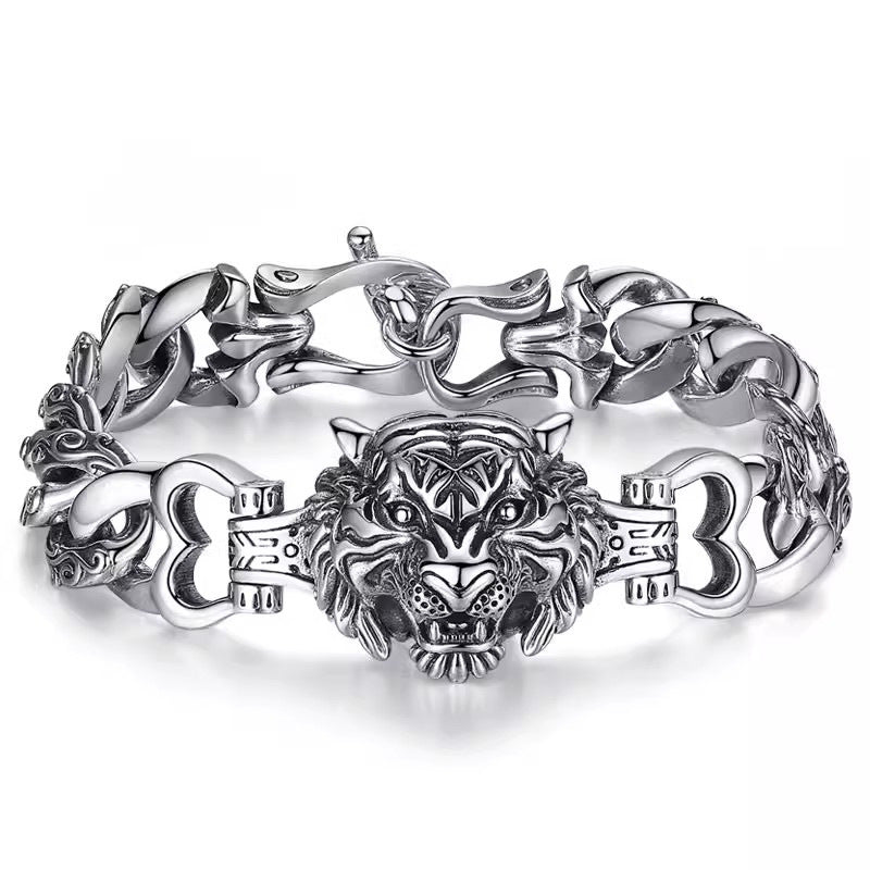 925 Sterling Silver Tiger Head Bracelet for Men – Bold Statement Style