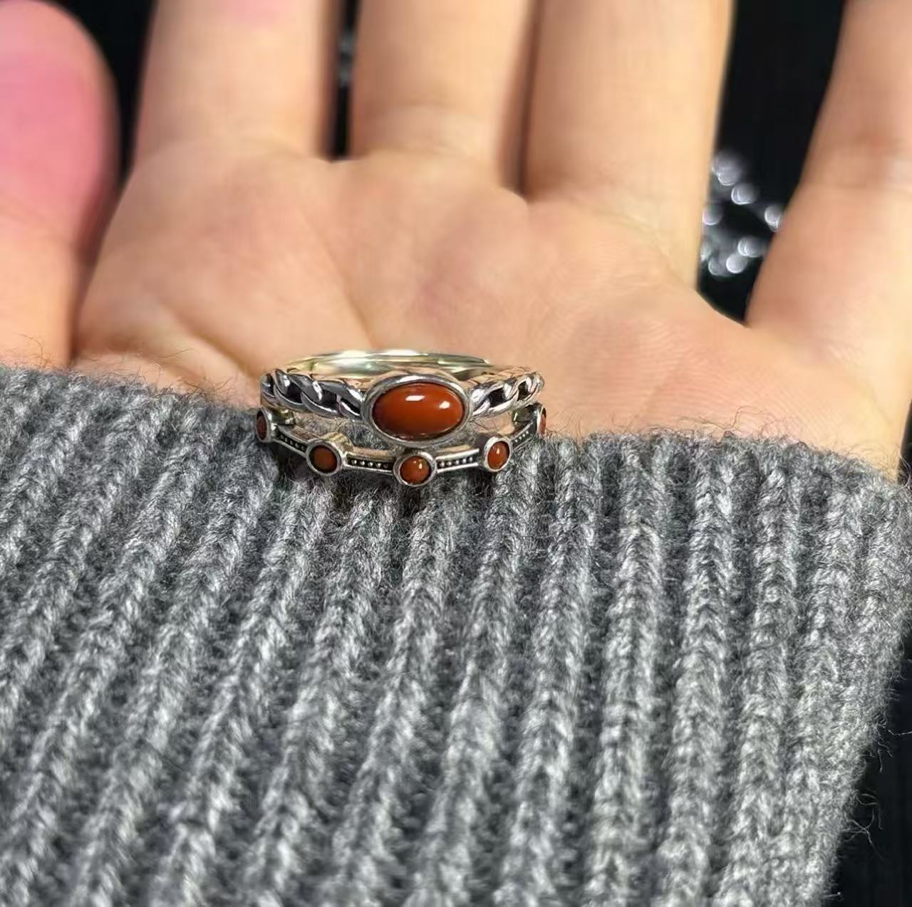 S925 Silver Double-Layer Agate & Turquoise Ring – New Chinese Luxury Style