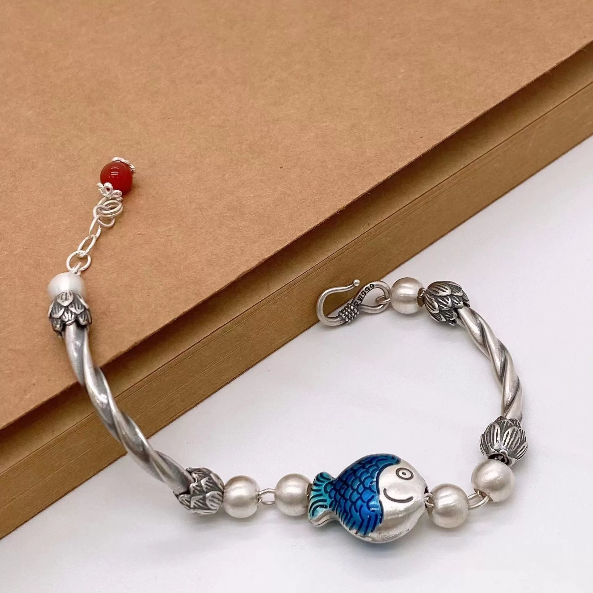 Cloisonné 925 Pure Silver Good Luck Koi Lucky Bracelet Bracelet for Men and Women Ethnic Style Exam Landing Bracelet