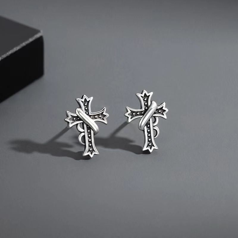 925 Silver Stud Earrings Men's Trendy Earrings Boys' Design Sense Niche Cross Trend Personality Single Cool Men's Earrings