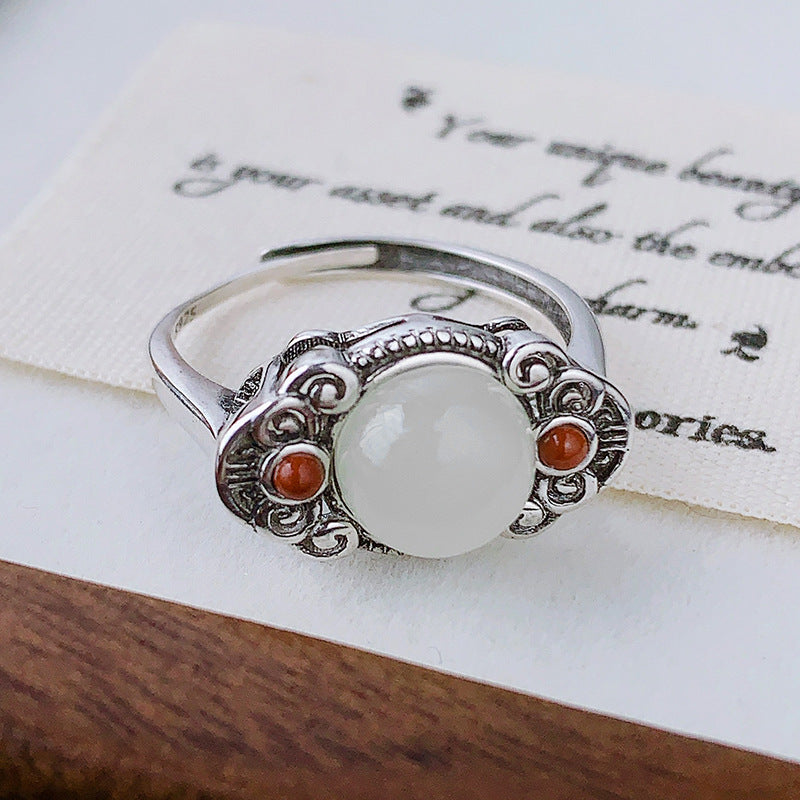 Yinyun S925 silver-inlaid natural Hetian jade, jade, southern red agate, ruyi round new Chinese-style ring