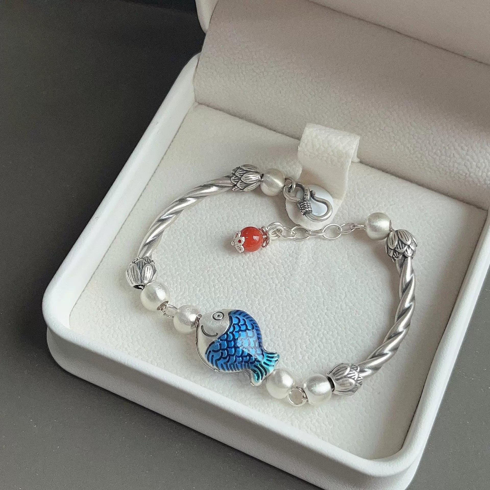 Cloisonné 925 Pure Silver Good Luck Koi Lucky Bracelet Bracelet for Men and Women Ethnic Style Exam Landing Bracelet