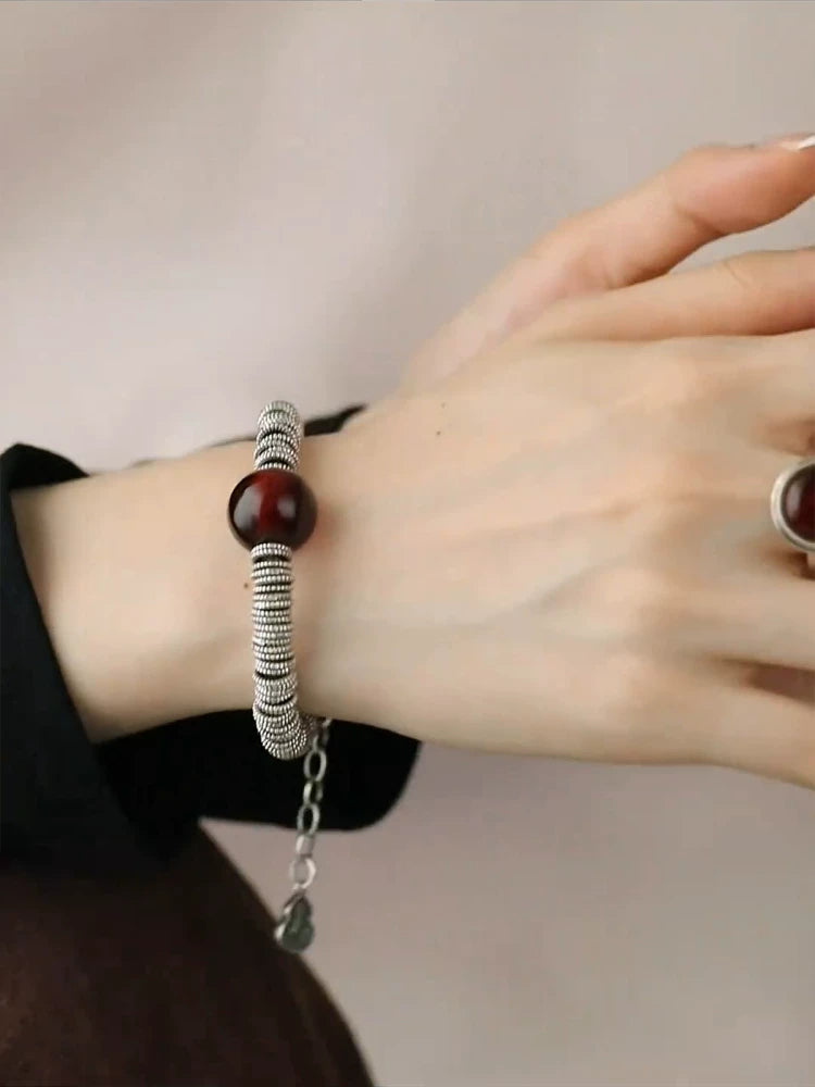 925 silver blood amber hoop bracelet women's ethnic style retro distressed six-character mantra niche design high-end sense bracelet