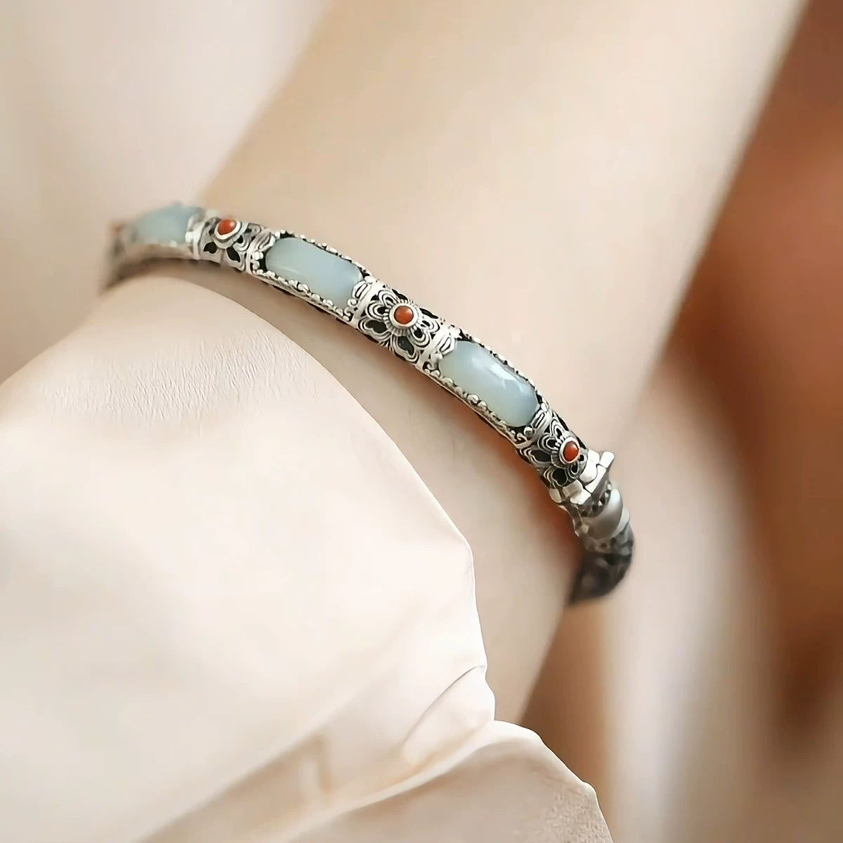 925 silver new Chinese style Hetian Yu Nanhong no matter brand bracelet opening female complex classical ethnic style filigree hollow