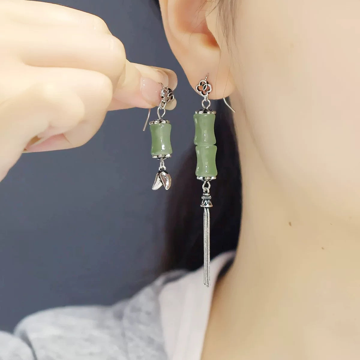 925 silver retro new Chinese bamboo joints high rise asymmetrical earrings and Tian Qingyu female niche design high-end sense