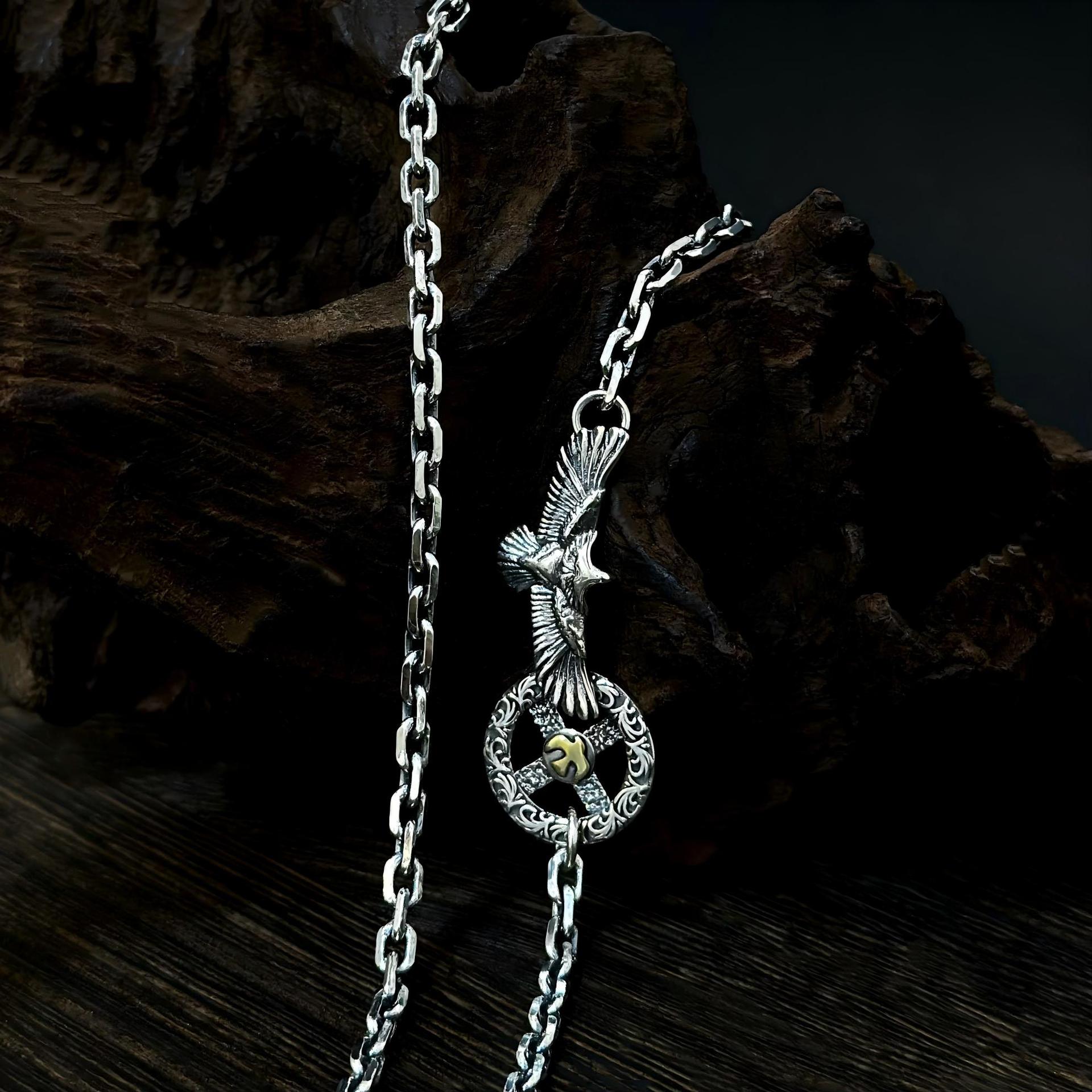 S925 sterling silver necklace, Tang grass cross wheel flying eagle and Tajiao neck, vintage trendy versatile unisex heavy-duty sweater chain