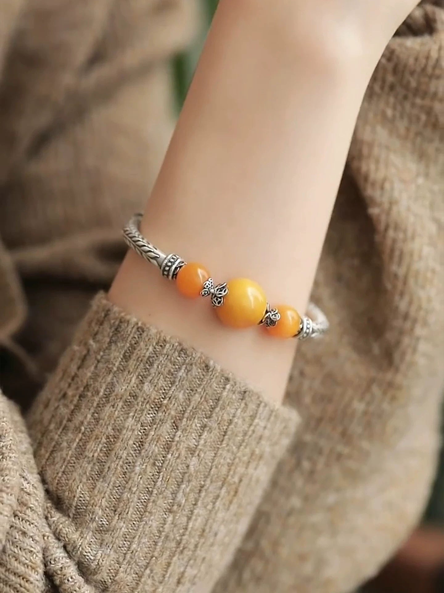 925 Silver Vintage New Chinese Style Amber Bead Wheat Ear Bent Tube Bracelet Women's Ethnic Style Niche Design Versatile Bracelet