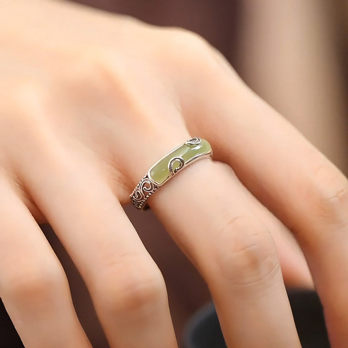 925 silver retro new Chinese style arabesque pattern hollow half-curved ring ring opening adjusts the women's ethnic style
