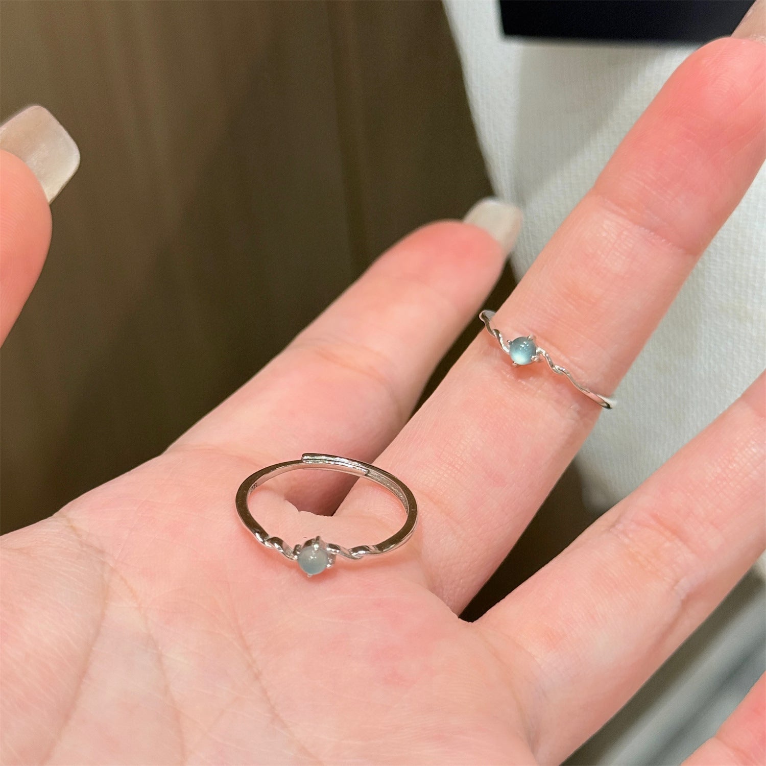 S925 sterling silver natural dangerous material blue water jade ring niche sense of luxury is simple and extremely thin opening cool wind ring