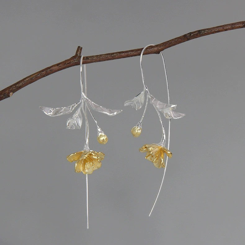 "Begonia Still" 925 sterling silver earrings, long super fairy goddess style, flower retro style with skirt