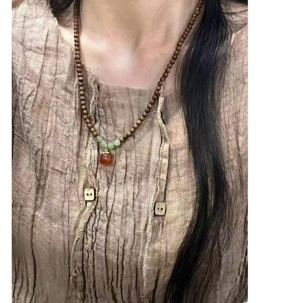 [Persimmon Ruyi] Golden Thread Sandalwood Hetian Jade Three-Ring Bracelet Artistic Vintage Crimson Agate Persimmon New Chinese Style