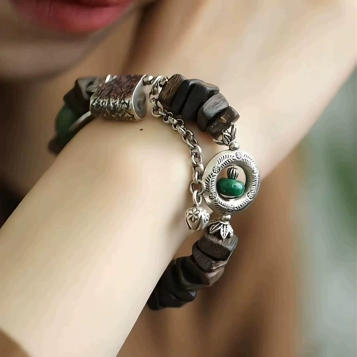 925 silver retro new Chinese agarwood silver axe bracelet elastic bracelet old ethnic style green agate niche design