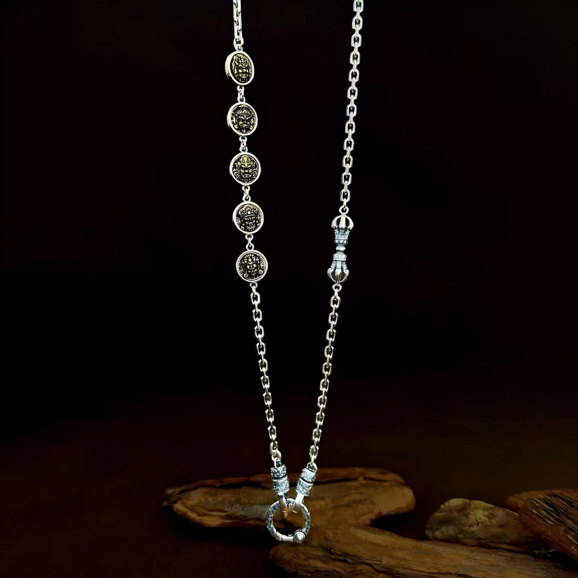 S925 pure silver Tibetan vintage Chinese style five-way God of Wealth pendant universal chain versatile necklace men's and women's sweater chains