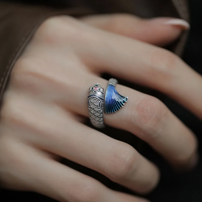 925 Silver Vintage New Chinese Big Fish & Begonia Good Luck Koi Ring Opening Adjusts Ethnic Style for a High-End Look