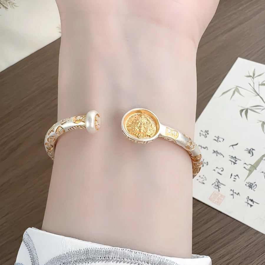 Pure silver 9999 gold yellow auspicious words new Chinese style open sterling silver bracelet for women
