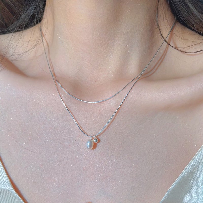 S925 sterling silver simple double stacked pearl necklace women's ins cold style fashion personality clavicle chain sense of luxury