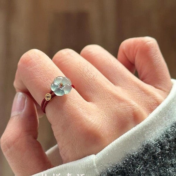 New Chinese style rich flower imitation jade flower ring female exquisite natal year red rope weaving index finger ring simple and versatile national style